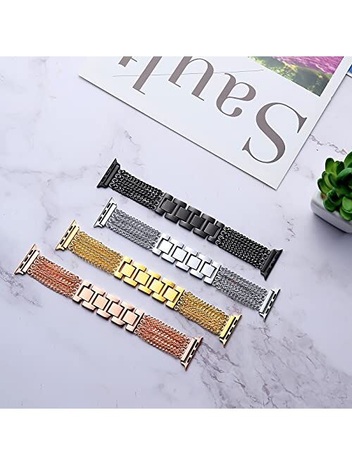 DiBoLang Compatible with Apple Watch Band 38/40/41/42/44/45mm Women Girls, Fashion Dressy Style Stainless Steel Bracelet Strap with Tassel Metal Chain for Iwatch Serices 