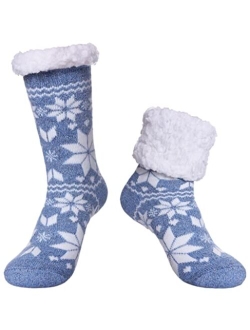 SDBING Women's Winter Super Soft Warm Cozy Fuzzy Snowflake Deer Fleece-lined With Grippers Slipper Socks