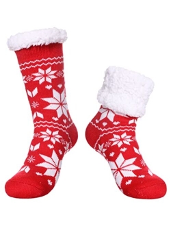 SDBING Women's Winter Super Soft Warm Cozy Fuzzy Snowflake Deer Fleece-lined With Grippers Slipper Socks