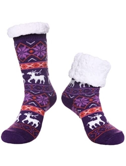 SDBING Women's Winter Super Soft Warm Cozy Fuzzy Snowflake Deer Fleece-lined With Grippers Slipper Socks