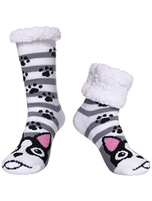 SDBING Women's Winter Super Soft Warm Cozy Fuzzy Snowflake Deer Fleece-lined With Grippers Slipper Socks