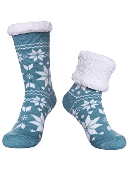 SDBING Women's Winter Super Soft Warm Cozy Fuzzy Snowflake Deer Fleece-lined With Grippers Slipper Socks