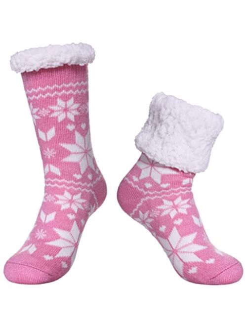 SDBING Women's Winter Super Soft Warm Cozy Fuzzy Snowflake Deer Fleece-lined With Grippers Slipper Socks