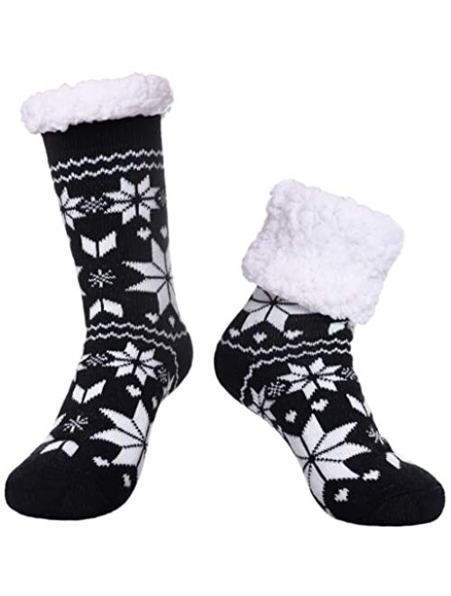 SDBING Women's Winter Super Soft Warm Cozy Fuzzy Snowflake Deer Fleece-lined With Grippers Slipper Socks