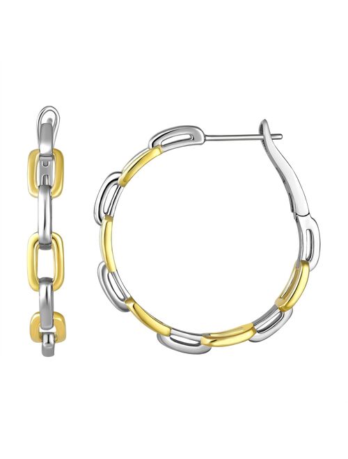 Two Tone Sterling Silver Link Hoop Earrings