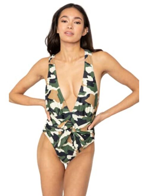 Marina West 1 PC. Ladies Camouflage V Neck Tie Front Swimsuit