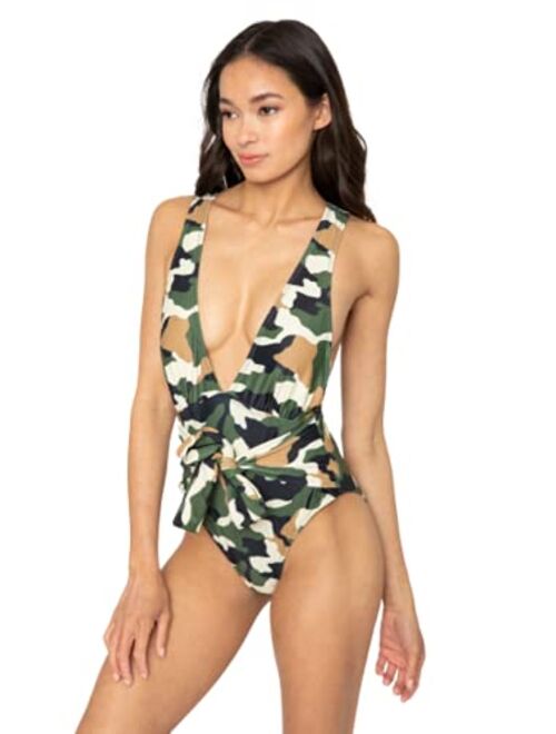 Marina West 1 PC. Ladies Camouflage V Neck Tie Front Swimsuit