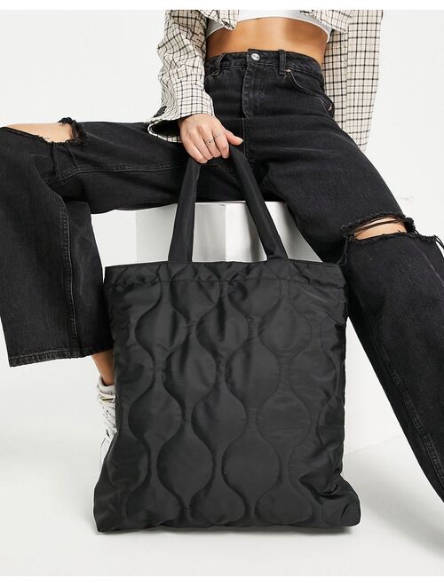 Stradivarius quilted tote shopper bag in black