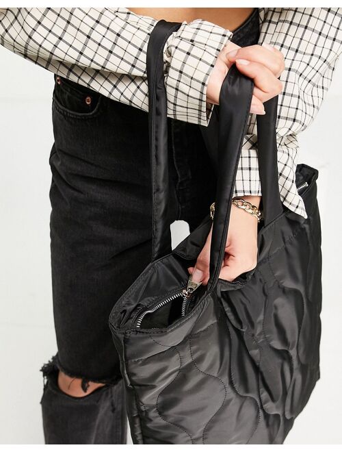 Stradivarius quilted tote shopper bag in black