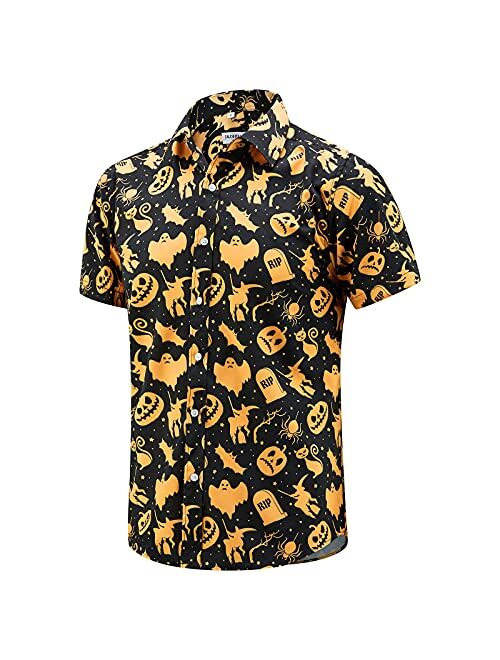 J&DHUASHA Mens Halloween Shirt Fun Pumpkins Short Sleeve Button Down Hawaiian Dress Shirts