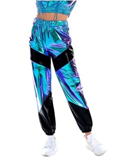 SIAEAMRG Womens Shiny Metallic High Waist Stretchy Jogger Pants, Wet Look Hip Hop Club Wear Holographic Trousers Sweatpant