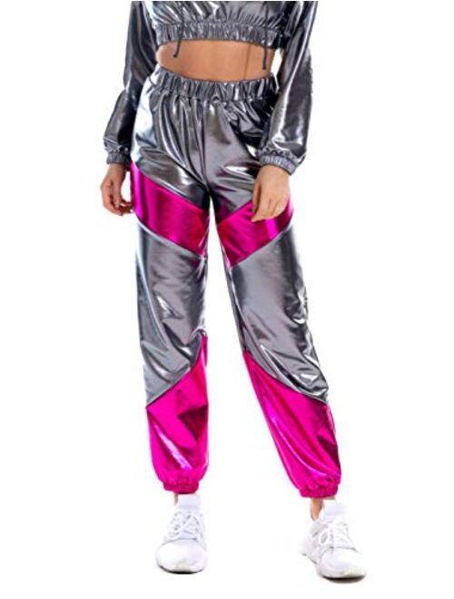 SIAEAMRG Womens Shiny Metallic High Waist Stretchy Jogger Pants, Wet Look Hip Hop Club Wear Holographic Trousers Sweatpant