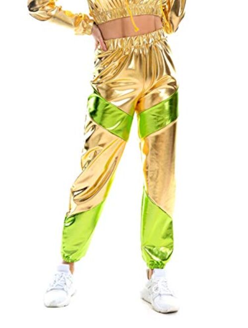 SIAEAMRG Womens Shiny Metallic High Waist Stretchy Jogger Pants, Wet Look Hip Hop Club Wear Holographic Trousers Sweatpant