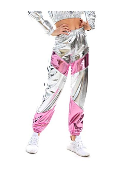 SIAEAMRG Womens Shiny Metallic High Waist Stretchy Jogger Pants, Wet Look Hip Hop Club Wear Holographic Trousers Sweatpant