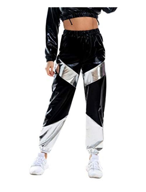 SIAEAMRG Womens Shiny Metallic High Waist Stretchy Jogger Pants, Wet Look Hip Hop Club Wear Holographic Trousers Sweatpant