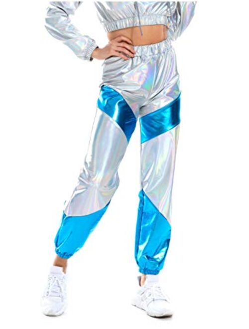 SIAEAMRG Womens Shiny Metallic High Waist Stretchy Jogger Pants, Wet Look Hip Hop Club Wear Holographic Trousers Sweatpant