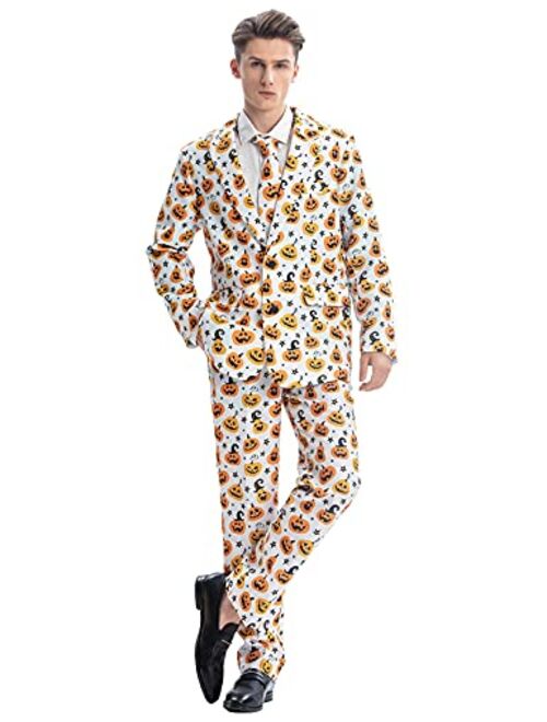 ACH Halloween Suit for Men Party Costume Adult in Different Prints 3PCS Ugly Funny Men’s Jacket Outfit Cosplay with Tie Pants