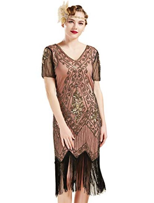 BABEYOND 1920s Art Deco Fringed Sequin Dress 20s Flapper Gatsby Costume Dress