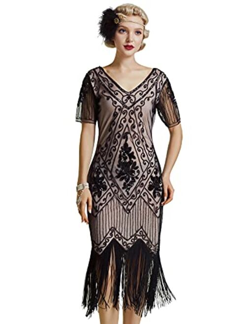 BABEYOND 1920s Art Deco Fringed Sequin Dress 20s Flapper Gatsby Costume Dress