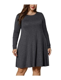 LONGYUAN Women's Winter XL-6XL Plus Size Dresses Casual Long Sleeve Dress with Pockets