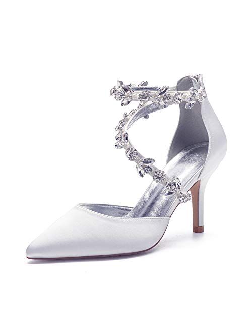 Anna's Bridal Women's Pointed Toe High Heels Pumps Ankle Strap Rhinestones Satin Heels Wedding Shoes for Bride Prom Party Dress Shoes Sandals