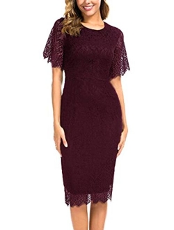 Women's Elegant Floral Lace Round Neck Short Sleeves Cocktail Party Bodycon Midi Dress 931