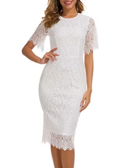 Women's Elegant Floral Lace Round Neck Short Sleeves Cocktail Party Bodycon Midi Dress 931