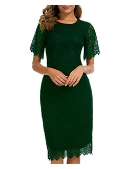 Women's Elegant Floral Lace Round Neck Short Sleeves Cocktail Party Bodycon Midi Dress 931