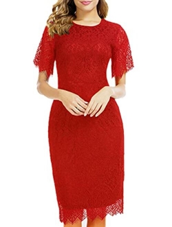 Women's Elegant Floral Lace Round Neck Short Sleeves Cocktail Party Bodycon Midi Dress 931