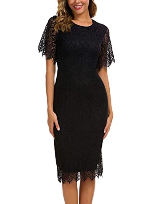 Women's Elegant Floral Lace Round Neck Short Sleeves Cocktail Party Bodycon Midi Dress 931