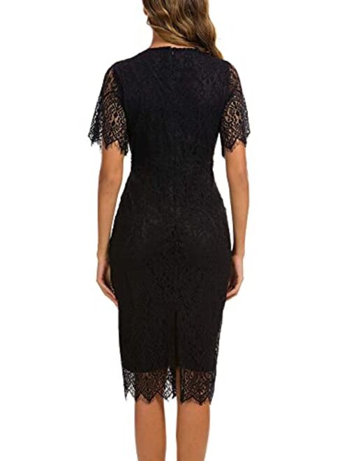 Women's Elegant Floral Lace Round Neck Short Sleeves Cocktail Party Bodycon Midi Dress 931