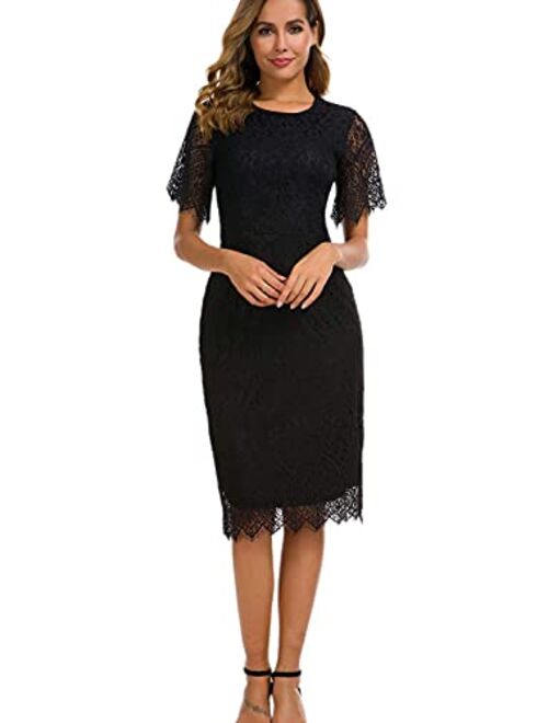 Women's Elegant Floral Lace Round Neck Short Sleeves Cocktail Party Bodycon Midi Dress 931