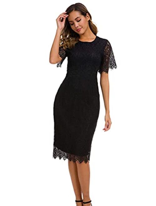 Women's Elegant Floral Lace Round Neck Short Sleeves Cocktail Party Bodycon Midi Dress 931