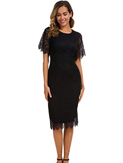 Women's Elegant Floral Lace Round Neck Short Sleeves Cocktail Party Bodycon Midi Dress 931