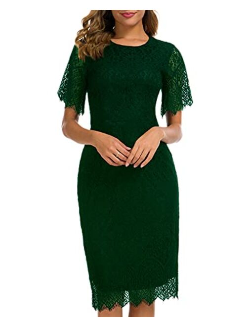 Women's Elegant Floral Lace Round Neck Short Sleeves Cocktail Party Bodycon Midi Dress 931