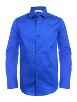 Boys' Long Sleeve Sateen Dress Shirt, Style with Buttoned Cuffs & Shirttail Hem, Solid Color