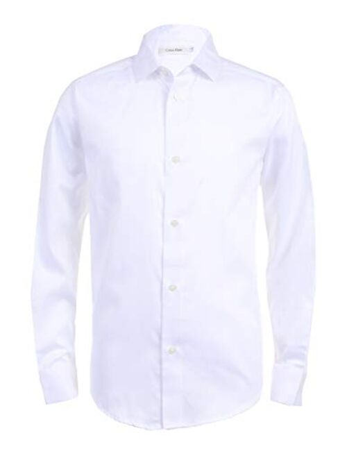 Calvin Klein Boys' Long Sleeve Sateen Dress Shirt, Style with Buttoned Cuffs & Shirttail Hem, Solid Color