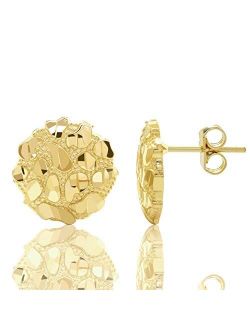 LoveBling 10K Yellow Gold Diamond Cut Round Nugget Earrings (0.50" Diameter)