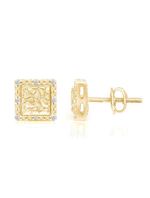 White Natural Round Diamond Accent 10K Gold Screw Back Square Nugget Mens Stud Earrings (I-J Color, I2-I3 Clarity)