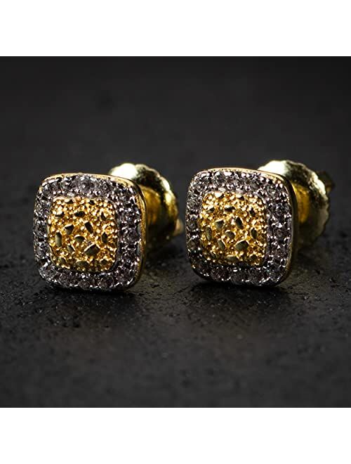 Mens Small 3D Square Iced Cz 14K Gold Sterling Silver Nugget Hip Hop Stud Earrings