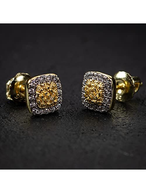 Mens Small 3D Square Iced Cz 14K Gold Sterling Silver Nugget Hip Hop Stud Earrings