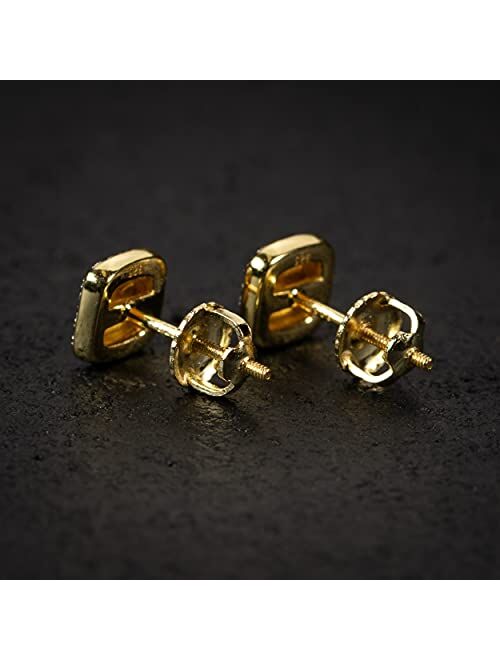 Mens Small 3D Square Iced Cz 14K Gold Sterling Silver Nugget Hip Hop Stud Earrings