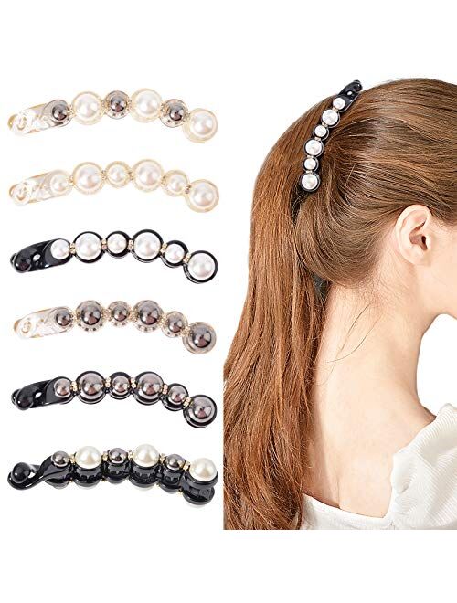 DEEKA 6 PCS Pearl Hair Clip Banana Clips Ponytail Holder Banana Hair Clips Thick Fine Hair Clip French Barrettes Rhinestones Jaw Clips for Women and Girls