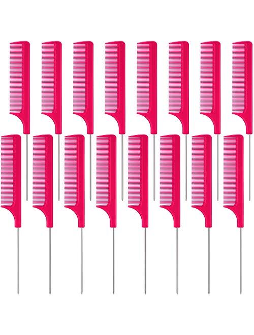 16 Pieces Metal Rat Tail Combs Pintail Hair Combs Salon Fiber Back Combs for Women Girls Hair Styling at Home Salon (Black and Pink)