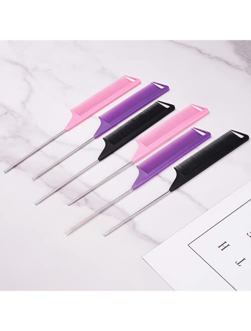 6 Pieces Rat Tail Comb, FITDON Hair Parting Comb with Stainless Steel Pintail, Heat Resistant Teasing Combs for Women Men Hair Cutting Hairdressing Styling