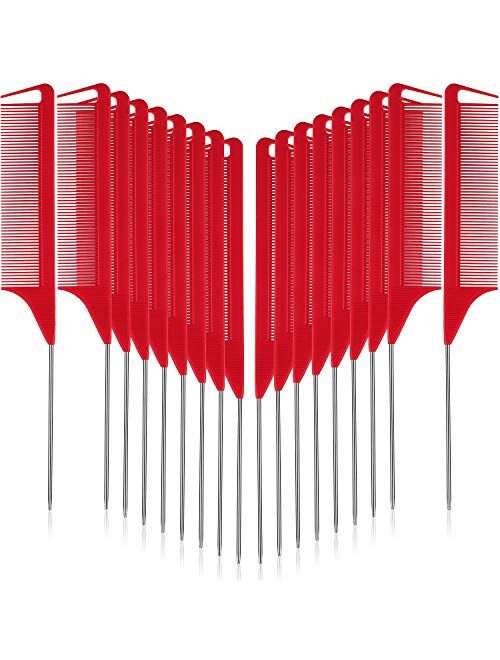 12 Pieces Parting Comb for Braids, Rat Tail Comb Pintail Comb Teasing Combs with Stainless Steel Pintail for Hair Styling Hairdressing (Black, Red)