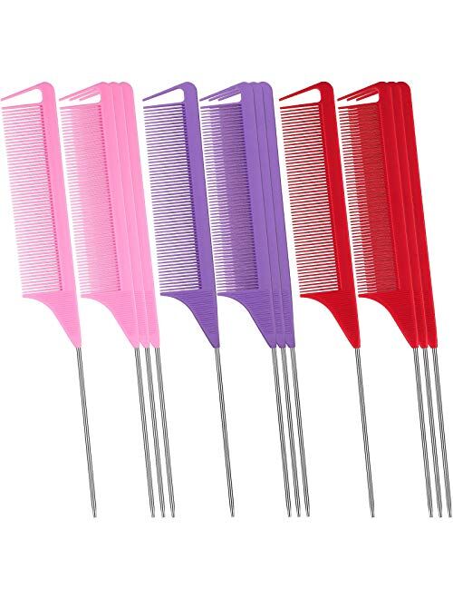 12 Pieces Parting Comb for Braids, Rat Tail Comb Pintail Comb Teasing Combs with Stainless Steel Pintail for Hair Styling Hairdressing (Black, Red)