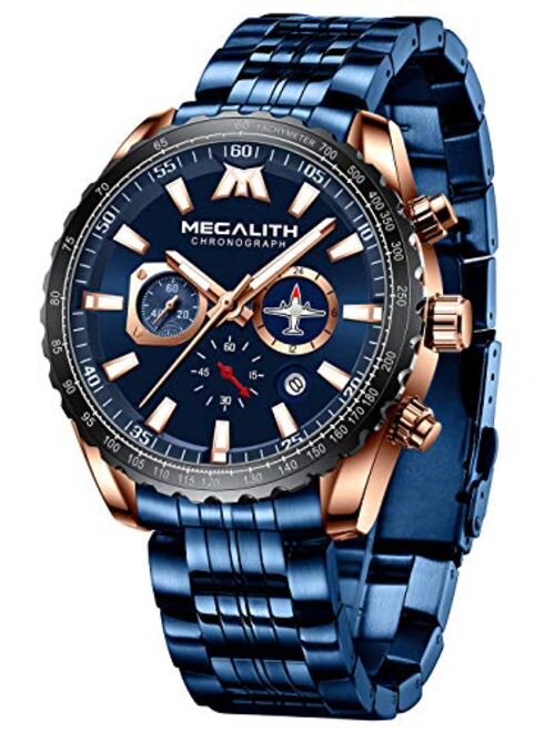 MEGALITH Mens Watches Chronograph Waterproof Watch Stainless Steel Watch Men Sports Military Watch Analog Quartz Date Calendar Luminous Watches for Man Business Gents Mul