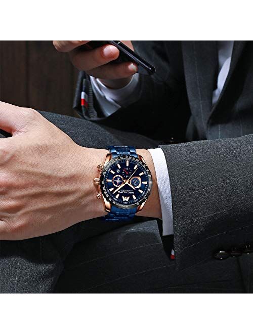 MEGALITH Mens Watches Chronograph Waterproof Watch Stainless Steel Watch Men Sports Military Watch Analog Quartz Date Calendar Luminous Watches for Man Business Gents Mul