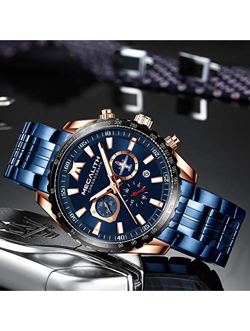 MEGALITH Mens Watches Chronograph Waterproof Watch Stainless Steel Watch Men Sports Military Watch Analog Quartz Date Calendar Luminous Watches for Man Business Gents Mul